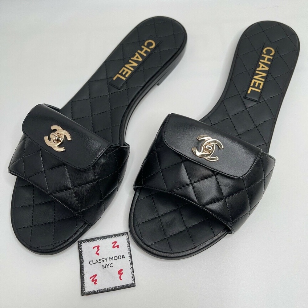 Chanel NIB Black Slides Turnlock Gold CC Logo Quilted Slide Flat Flop Sandals - Picture 8 of 12